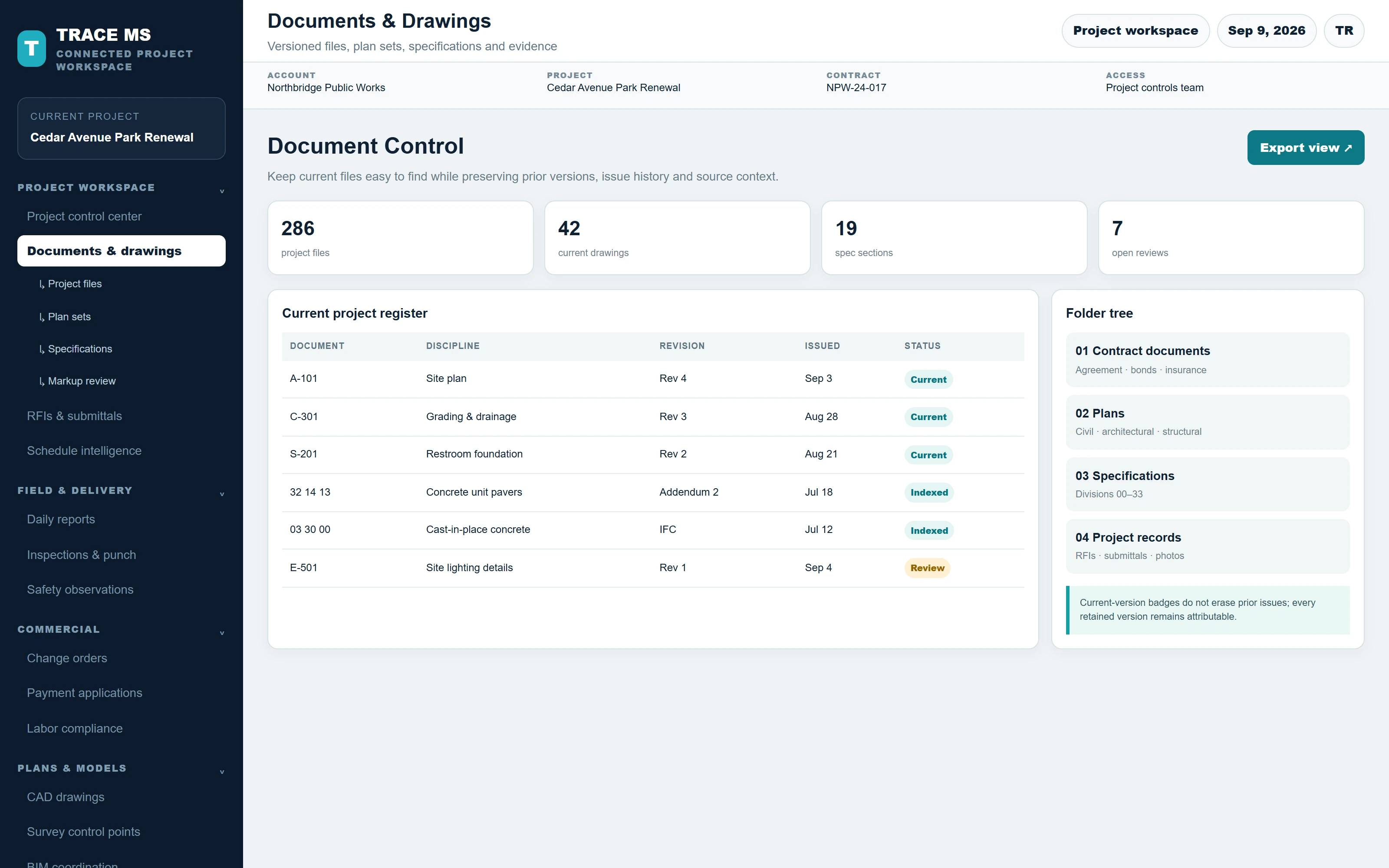 TRACE Document Control screen for Cedar Avenue Park Renewal with the related project navigation expanded